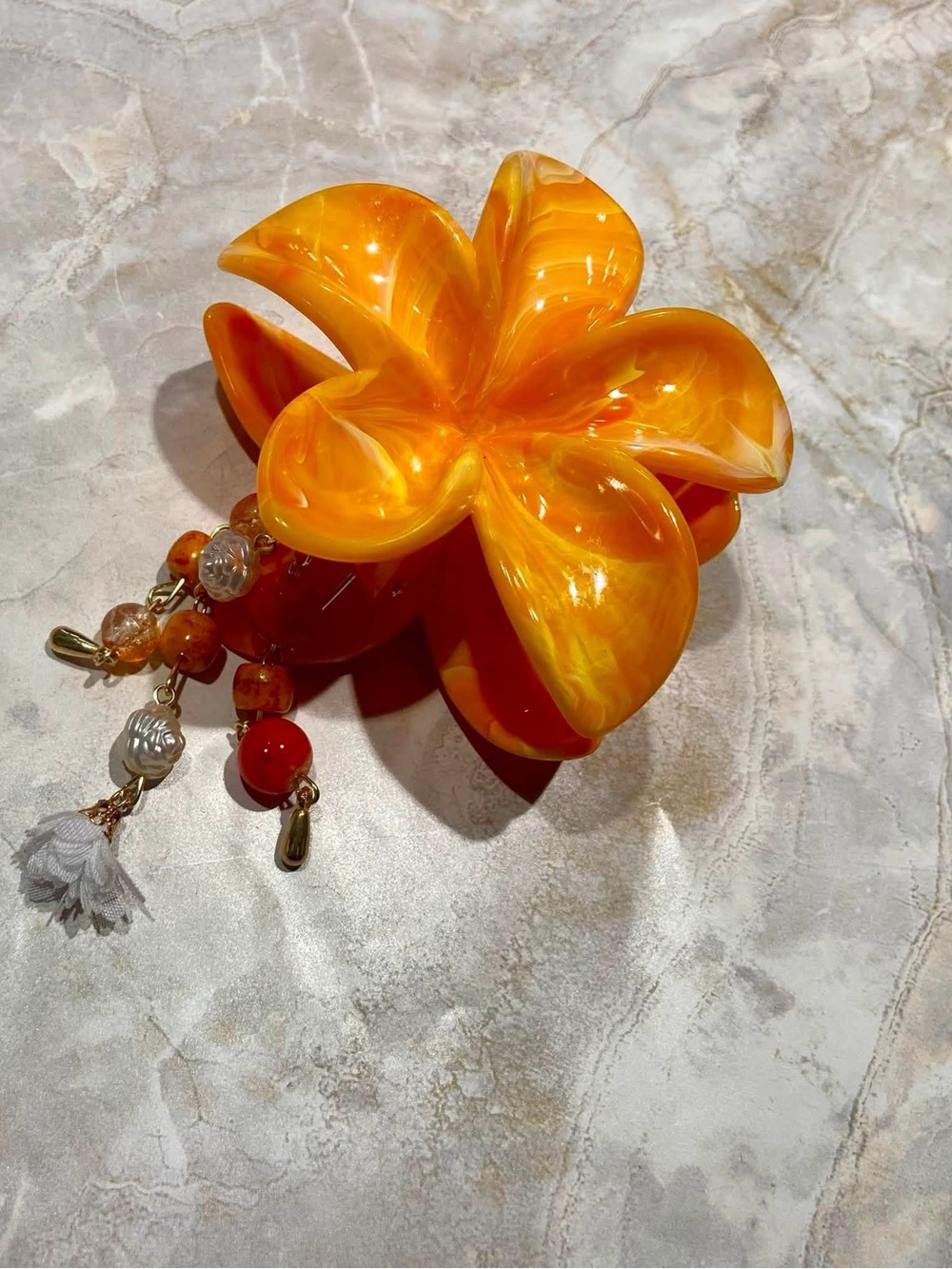 Hand Crafted Orange Floral Resin Hair Claw with Beaded Tassel